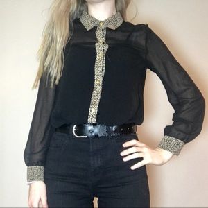 Blu Pepper Sheer Leopard Detail Button Down Blouse